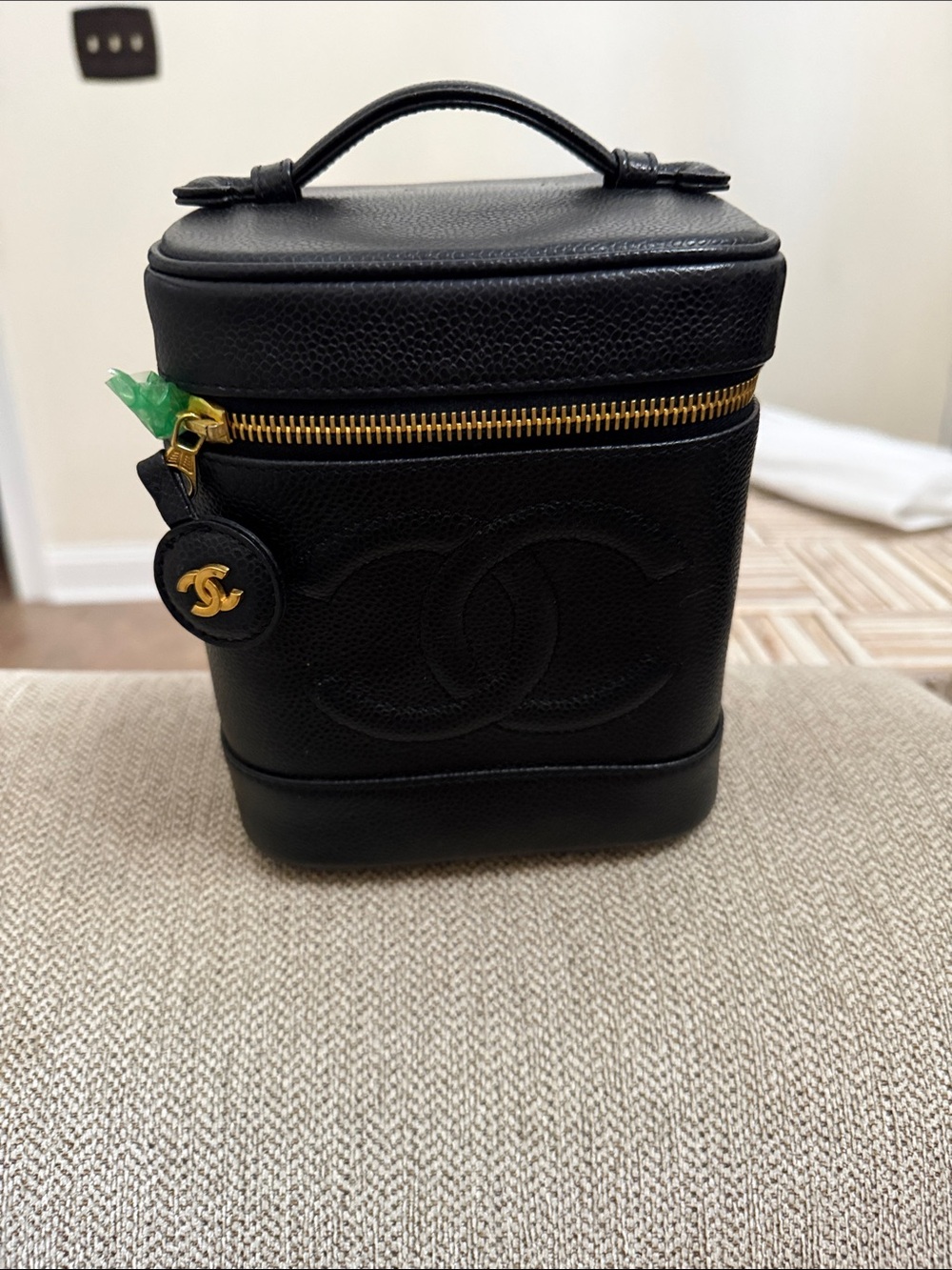 CHANEL Black Caviar Leather Vanity Case with Gold Hardware Accent